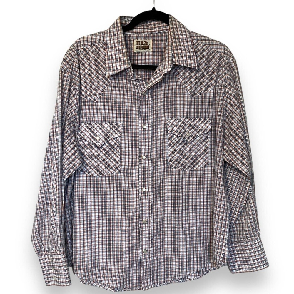 Vintage Ely Cattleman Blue White Orange Plaid Western Pearl Snap Shirt